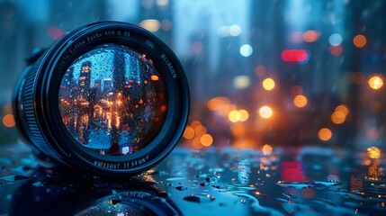 Night photography magic, close-up on a camera lens capturing city lights, the allure of the dark