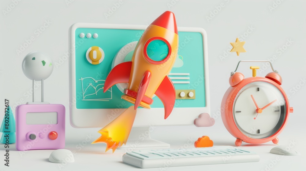 Poster isolated 3d illustration of desktop computer with web page, speedometer and clock icons, rocket laun