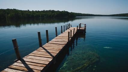 Naklejka premium Dock Amidst Tranquil Waters: A Serene Perspective, ai generated.