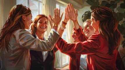 Moment of celebration, with a group of women in a business setting giving each other a high five, all smiling and exuding happiness and a sense of achievement. hyper realistic and natural colors  - obrazy, fototapety, plakaty