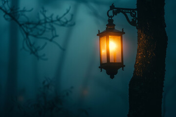 The flickering light of a lantern on a foggy night