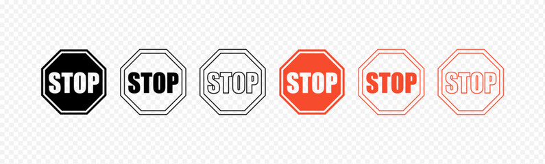 Collection of vector icons depicting traffic stops. Set of illustrations featuring stop signs, warning symbols, and logos.