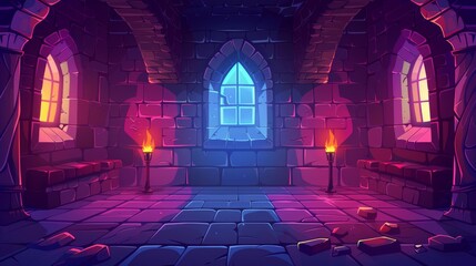Animated cartoon illustration depicting an interior of a castle dungeon with stone walls and torches. A basement inside a medieval castle, palace or fort tower with a fire on the wall at night.
