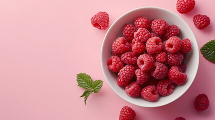 Bowl with fresh raspberries on pink background - Powered by Adobe