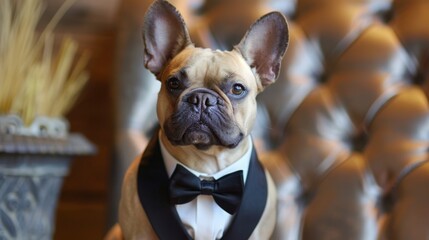 Elegantly dressed French Bulldog wearing a classic black bow tie, looking directly at the camera with a dignified expression.