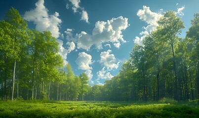 A serene landscape with green trees stretching toward the open sky and scattered white clouds