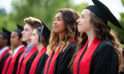Group of students in graduation gowns listening to speaker while standing outdoors smiling