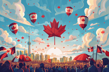 Holiday sky with fireworks and flag of Canada, independence day. postcard, banner, Design