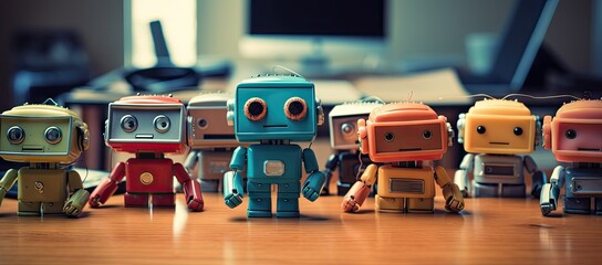 Little robot figurines on wooden table