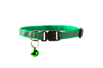 Pet supplies. Collar for a cat or dog with a bell isolated on a white background. Bright colored...