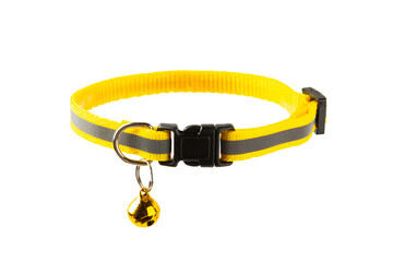 Pet supplies. Collar for a cat or dog with a bell isolated on a white background. Bright colored collar. Accessories for pets.