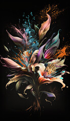 Abstract lily or alstromeria flowers bouquet on a black background. Bright color burst. Mobile splash screen template. Floral artistic illustration.