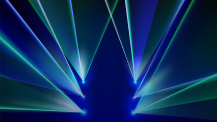 Laser light show. Bright led laser beams, dj light party. Illuminated blue green stage, led strobe lights. Stage lighting effect. Background, backdrop for displaying products. Vector illustration