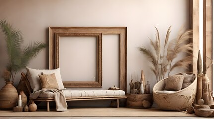 Mockup frame in nomadic boho interior background with rustic decor, 3d render

