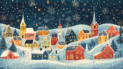Snow village illustration poster background