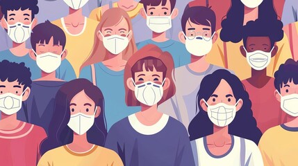 Crowd of people wearing medical masks banner Preventive measures, human protection from pneumonia outbreak Coronavirus epidemic concept Respiratory disease, virus spread Vector illustration - obrazy, fototapety, plakaty