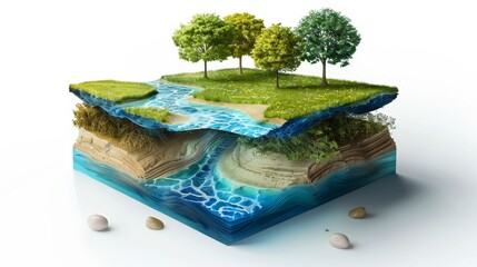 3d cross section model of land and river with soil, rock layers, and waterways on white background