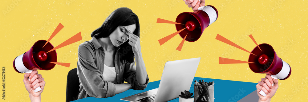 Sticker Creative collage illustration of stressed lady cannot working when advertisements annoying her with loudspeakers isolated on beige background