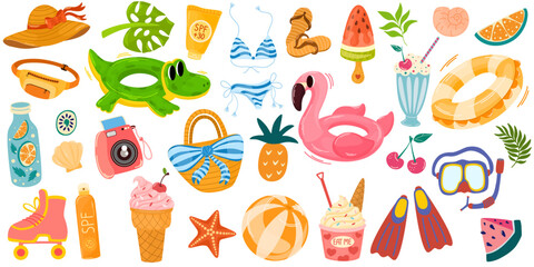 Summer big set for sticker. Icons, signs, banners. Bright summertime poster. Collection elements for summer holiday.