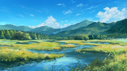 Fototapeta premium Majestic Snowy Mountains and Serene Countryside Landscape under Bright Blue Sky