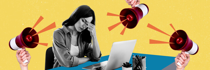 Creative collage illustration of stressed lady cannot working when advertisements annoying her with...