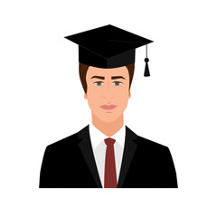 Portrait of a man in a graduate gown isolated on white background. Vector illustration.