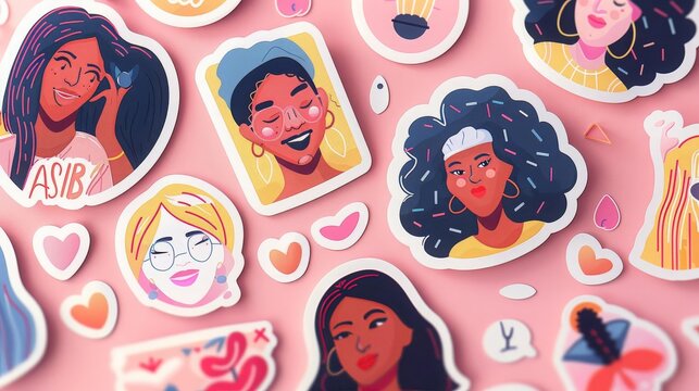 Feminist and body positive vector stickers set Female movements cartoon badges with inspirational quotes Women empowerment, self acceptance and gender equality trendy letterings pack