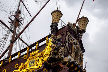 Wooden pirate ship for tourists in Genova old port. Liguria, Italy 04.2024