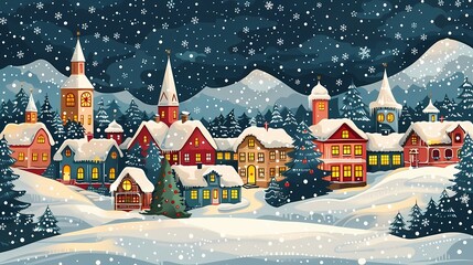 Snow village illustration poster background