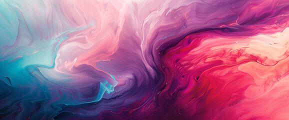 Fototapeta premium Swirls of magenta and turquoise melding and converging on a blank backdrop, creating a captivating abstract composition that draws the viewer into its vibrant depths.