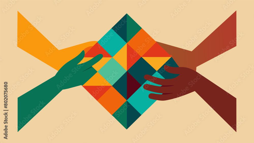 Poster two hands holding a quilt square together reflecting the collaborative effort and support within the