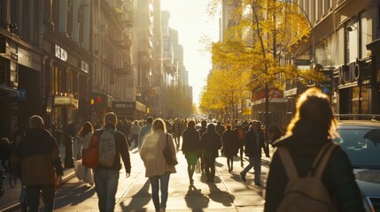 A picturesque view of a bustling city street, with pedestrians strolling at a relaxed pace, capturing the rhythm and energy of a mindful urban exploration on World Sauntering Day.