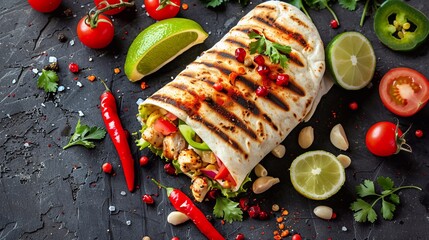 Typical Homemade Juicy Mexican burrito with fresh vegetables and chicken with strong light on clean background. Healthy food