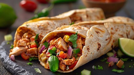 Typical Homemade Juicy Mexican burrito with fresh vegetables and chicken with strong light on clean background. Healthy food
