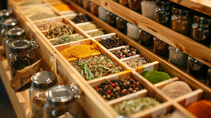 Variety of spices and herbs on the shelves in a spice shop