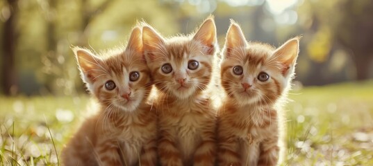 Three charming and lovable red kittens happily playing on a vibrant green grass background