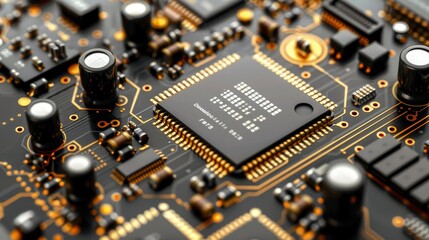 Macro view of black pcb with gold connectors, tech concepthorizontal banner design