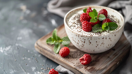 Bowl with tasty chia dessert on wooden board 