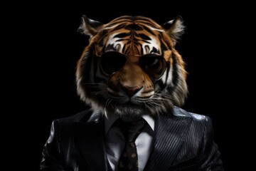 Funny tiger with sunglasses in a suit on a black background.
