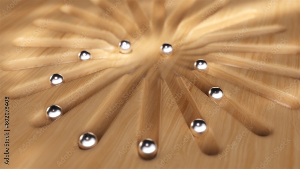 Poster high-quality 3d animation of spherical chrome balls dynamically expanding on a wooden surface, with 