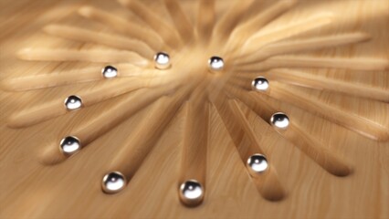 High-quality 3D animation of spherical chrome balls dynamically expanding on a wooden surface, with natural wood grain and soft shadows, creating an organic and metallic contrast.