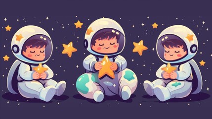 Isolated spaceman on moon on dark background holding star, planet or helmet. Funny rpg galaxy asset design.