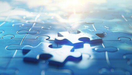 A conceptual puzzle piece jigsaw background in white and blue, symbolizing business solutions and teamwork in a strategy-focused environment