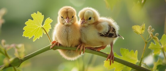 Fototapeta premium Two chicks are perched on the stem of a vine. This animal has the scientific name Gallus gallus domesticus.