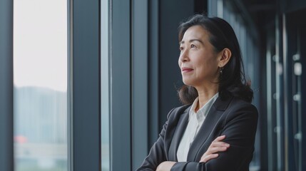 Happy proud prosperous mid aged mature professional Asian business woman ceo executive wearing suit standing in office arms crossed looking away thinking of success, leadership, side profile view.