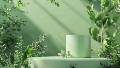 A lush green podium set against a 3D background with minimal plant designs, perfect for showcasing cosmetic products in a luxurious and natural environment