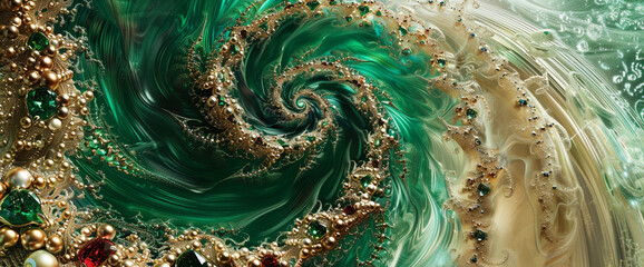 Swirls of emerald and ruby dance amidst a sea of pearl and ivory, evoking the sensation of sunlight...