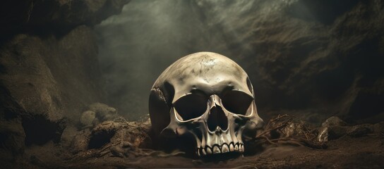Skull resting in the center of a cave