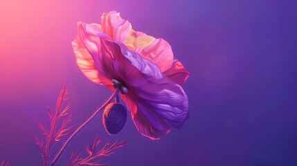 Poppy on vibrant purple background, magazine aesthetic, bright light, high angle view