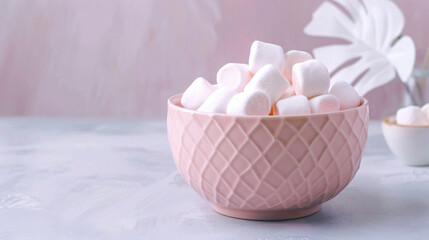 Bowl with tasty marshmallows on light background